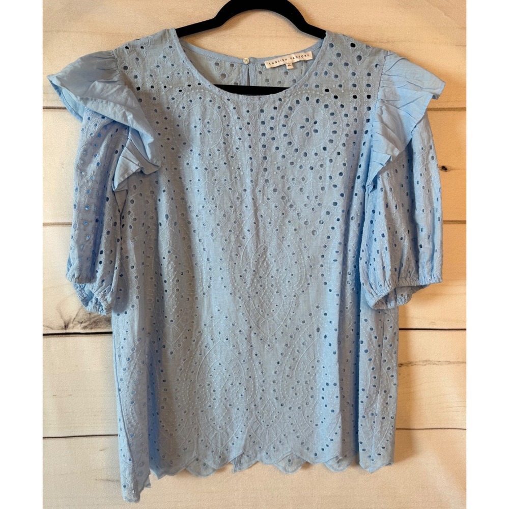 English Factory Light Blue Eyelet Lace Ruffle Sleeve Blouse Top XL Womens